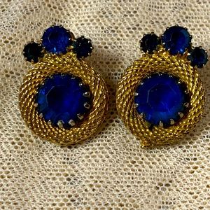 Vintage royal blue rhinestone and gold tone clip-on earrings